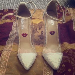 Women’s 5 inch ivory lace and clear stilettos